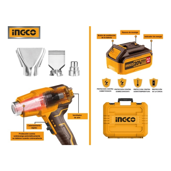 Pistola De Calor A Bateria 20v C/ Bat 4 Ah+ Cargador Ingco - Imagen 4