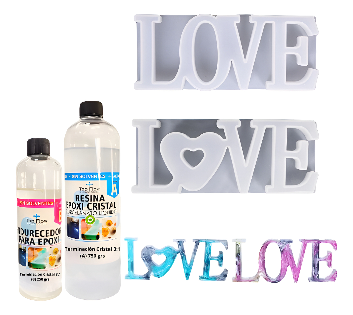 Set 2 Moldes Love Silicona + 1 Kg Resina Cristal 3:1