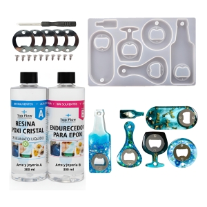 Set Molde Silicona Destapador Botella 7p + Resina 1:1 600 Ml
