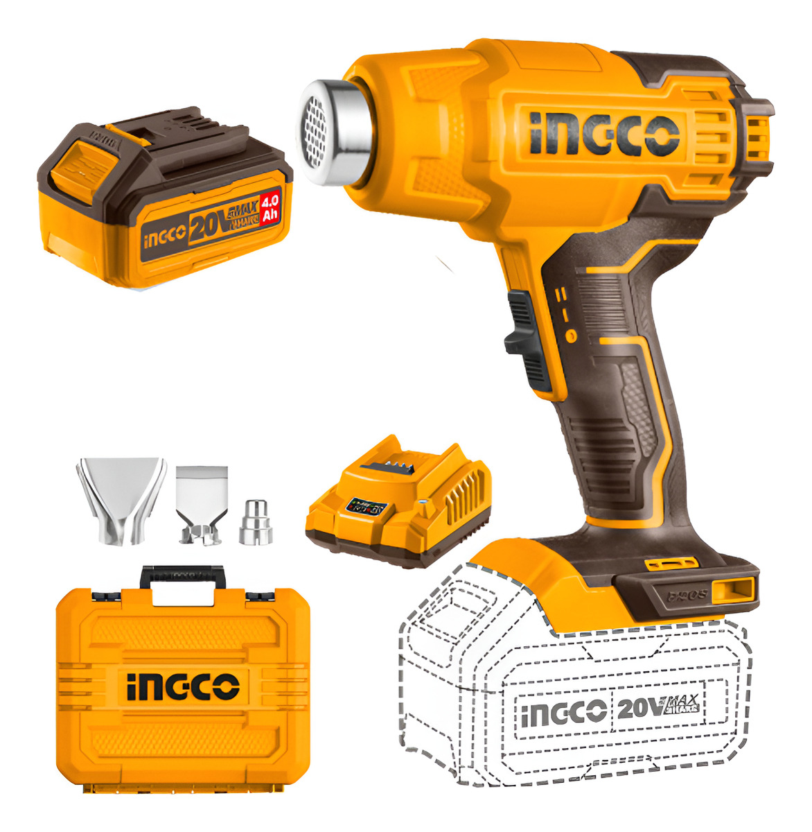 Pistola De Calor A Bateria 20v C/ Bat 4 Ah+ Cargador Ingco