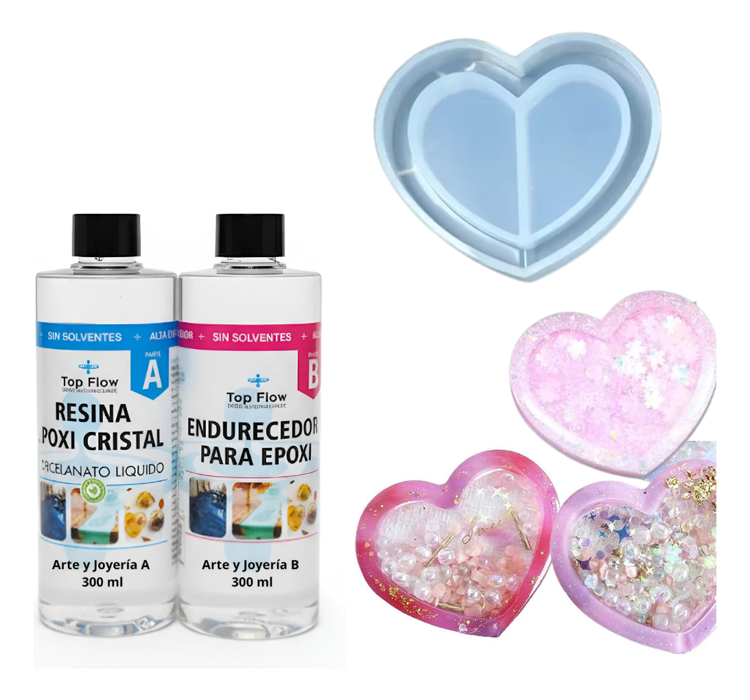 Molde Silicona Corazon Shaker 5cm Con Resina Arte 600 Ml 1:1