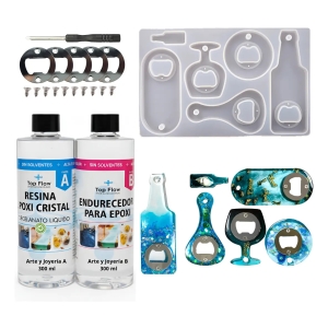 Set Molde Silicona Destapador Botella 7p + Resina 1:1 600 Ml